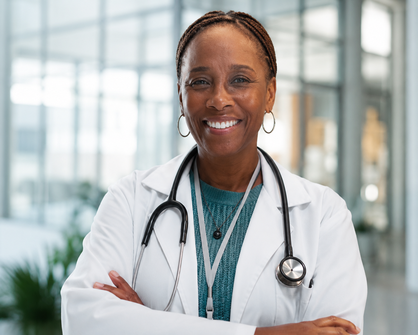 Dr. Angelita Covington, smiling with her arms crossed, wearing a white coat and stethoscope in a bright office lobby.